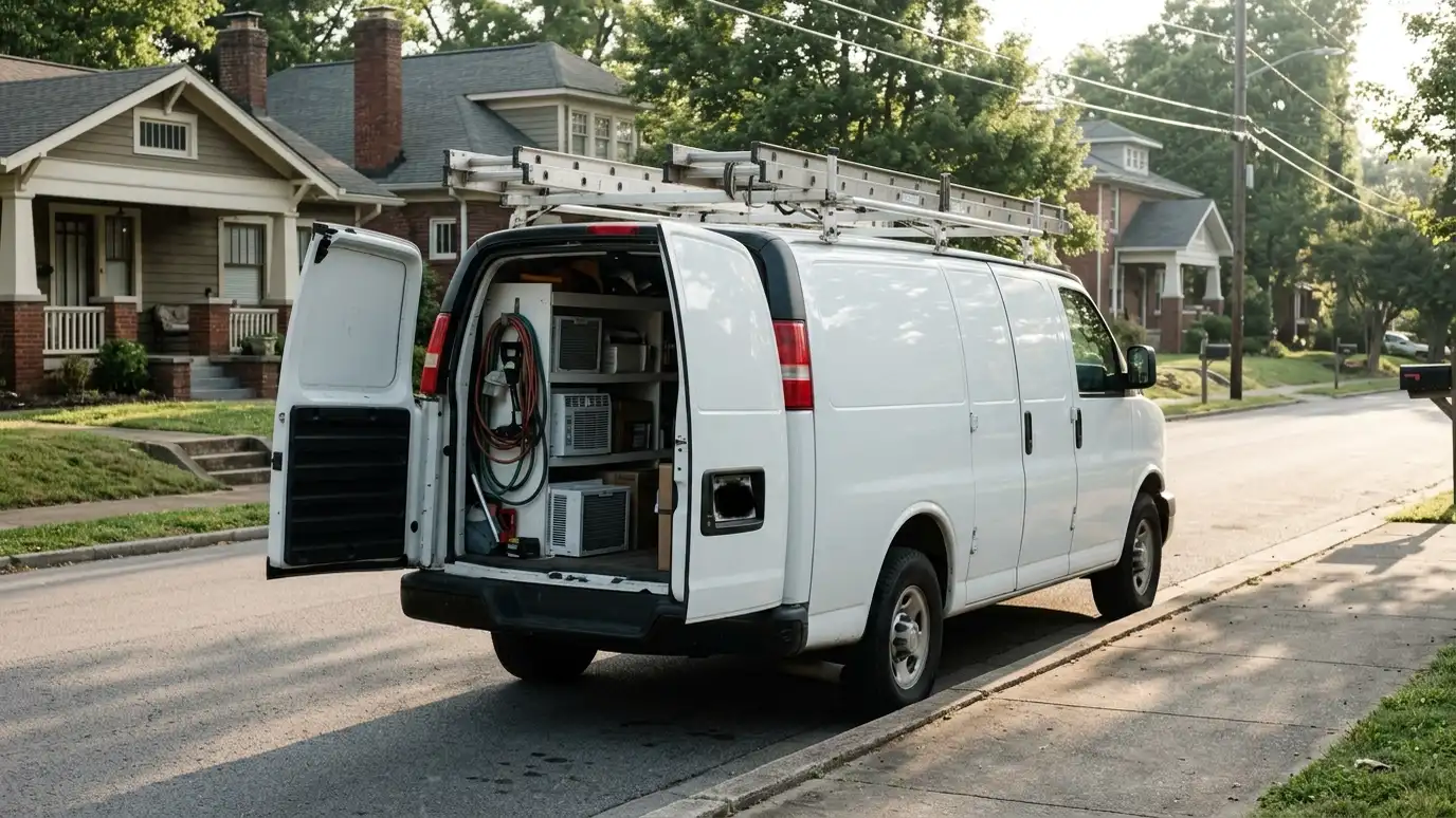A plain white work van with a ladder rack parked at a curb in a Nashville neighborhood with its rear doors open showing neat shelves of window units
