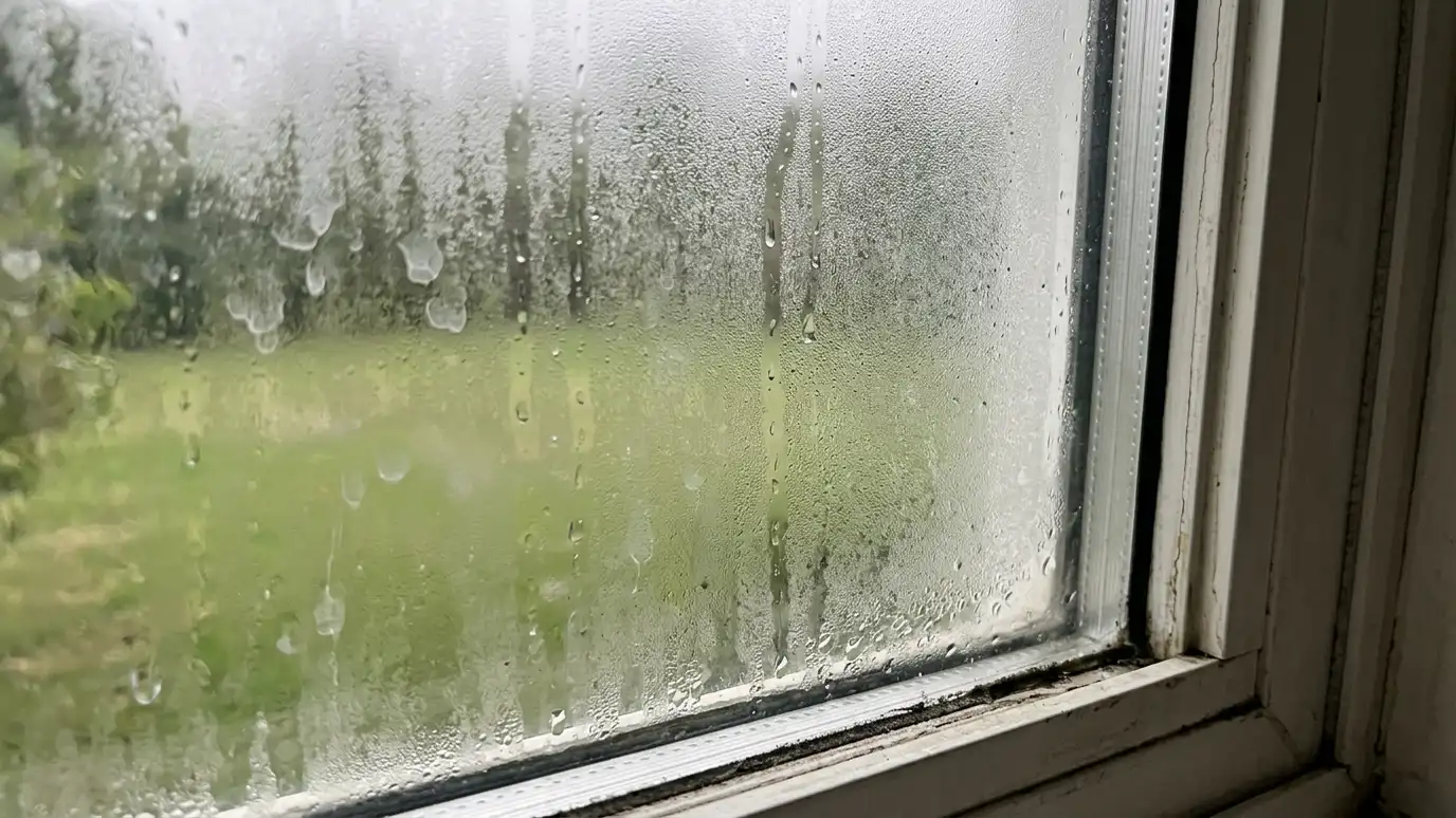 Before: a living room window with a window with fog trapped between the panes and water spots
