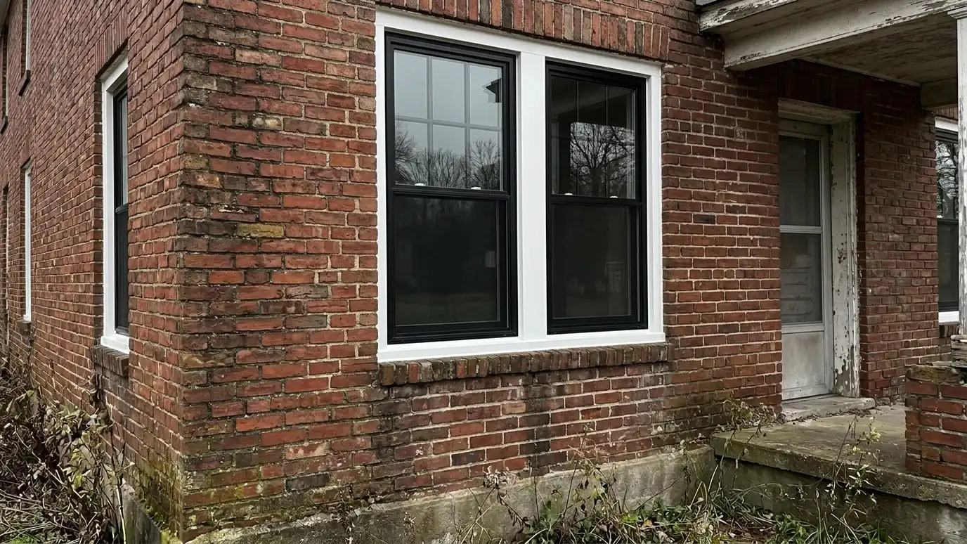 After: Worn old windows replaced by crisp new double-hung windows | Music City Windows After: a brick home with new black-framed double-hung windows with a classic grid pattern and clean trim