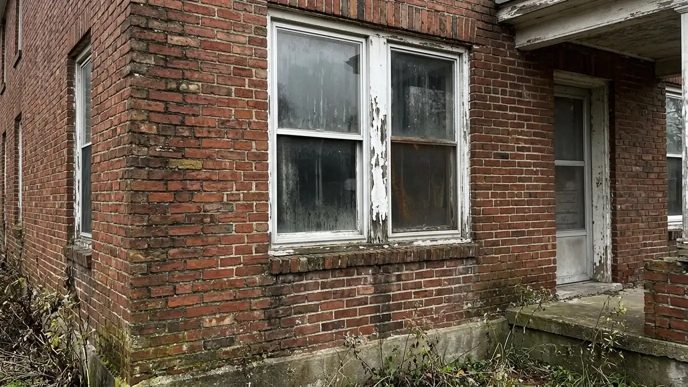 Before: a brick home with old white aluminum windows with peeling trim and dull glass