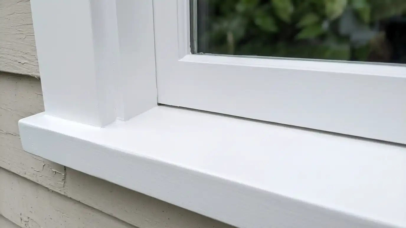 After: A rotted window frame and sill replaced with fresh new trim | Music City Windows After: a window and sill with a new white window with clean fresh trim and a smooth sill