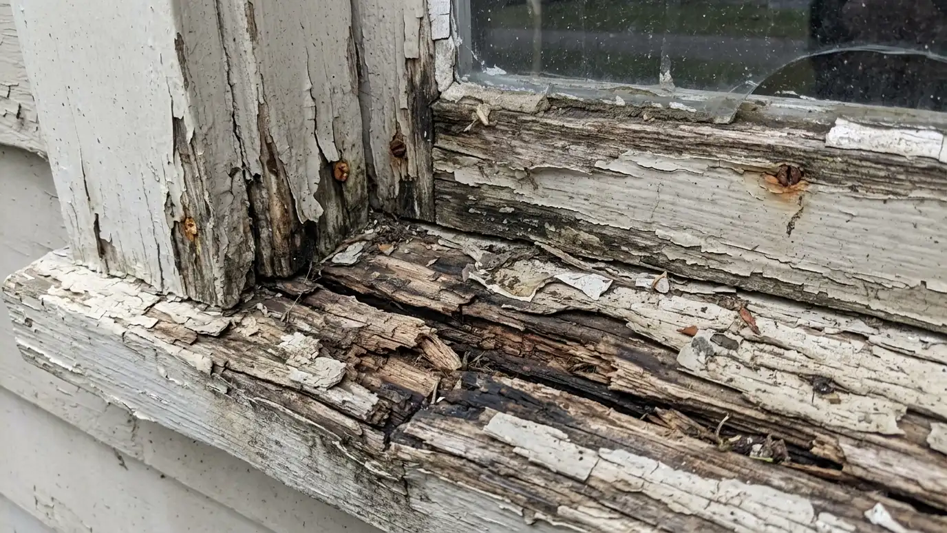 Before: a window and sill with a soft, rotted wood frame and sill with peeling paint and dark stains