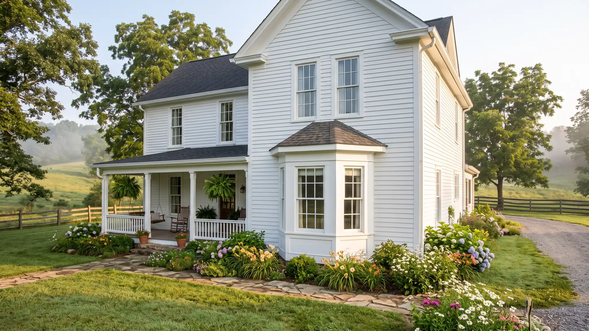 Bay and picture windows | Music City Windows A white Tennessee farmhouse with a projecting bay window on the front, tall white windows, a front porch and flowers in soft morning light
