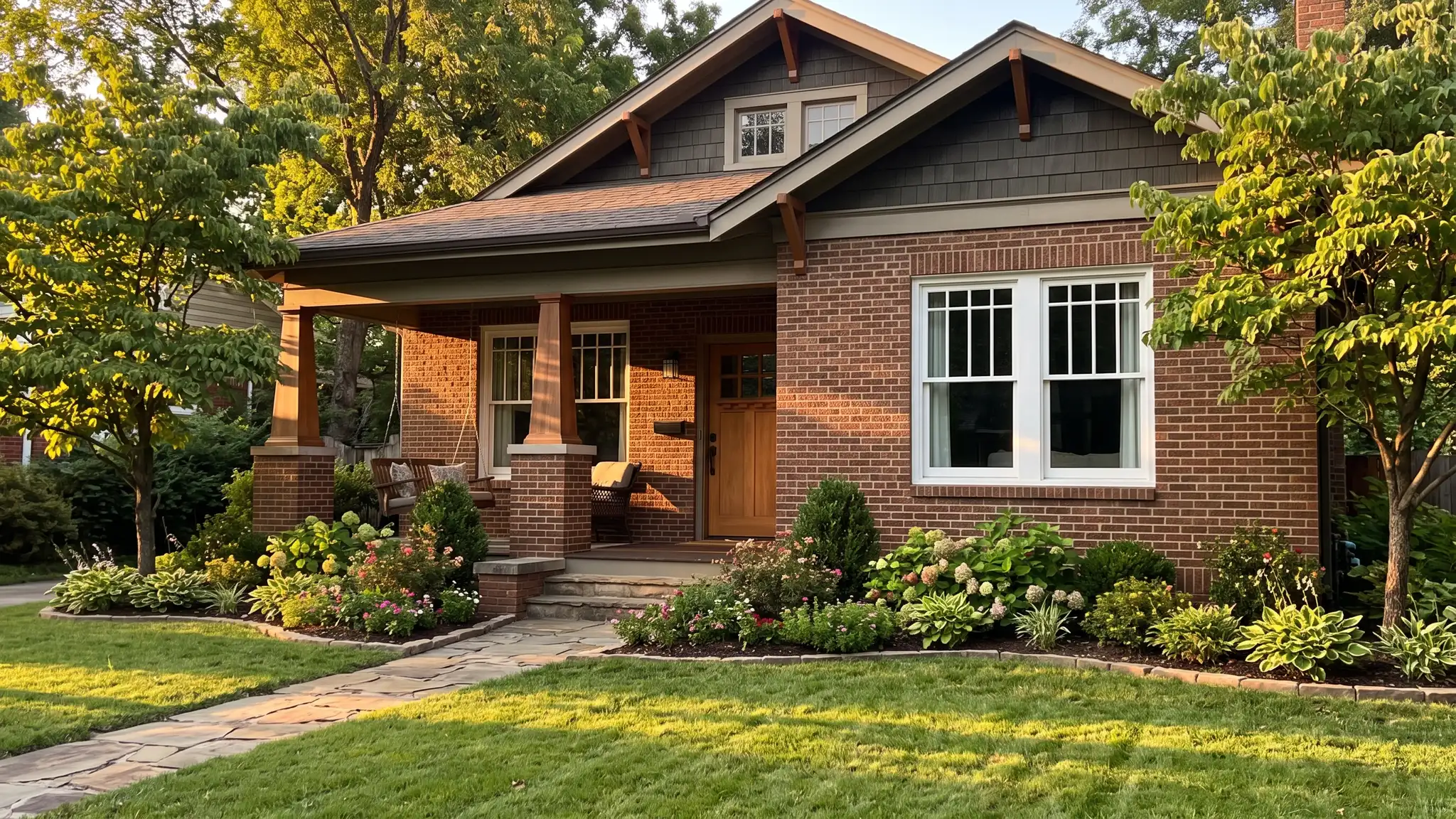 Double-hung windows | Music City Windows A charming brick craftsman home with crisp white double-hung windows with grid bars in the upper sash at golden hour with tidy flower beds