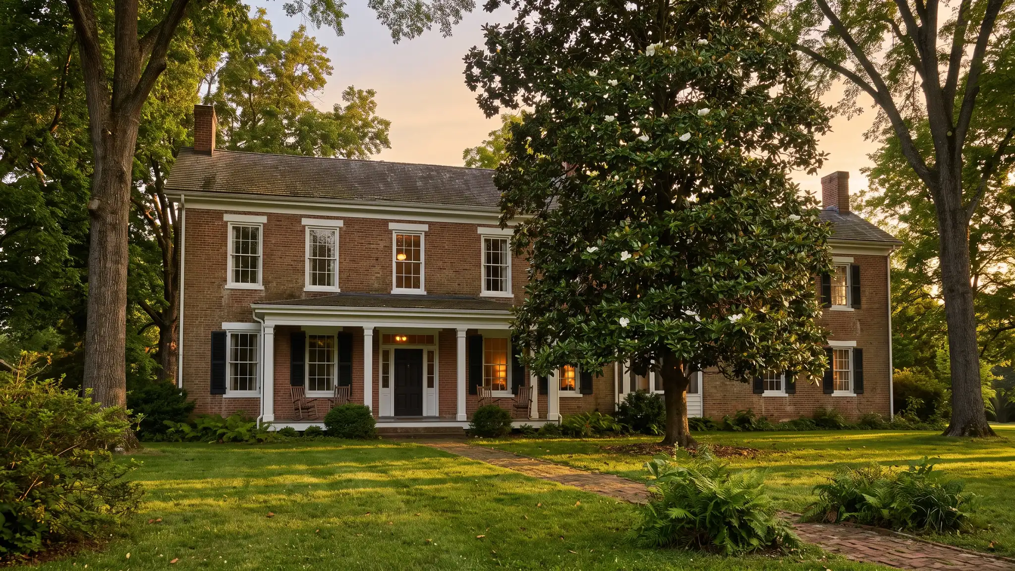 A historic Tennessee brick home with tall restored double-hung windows with white trim, a magnolia tree and warm evening light