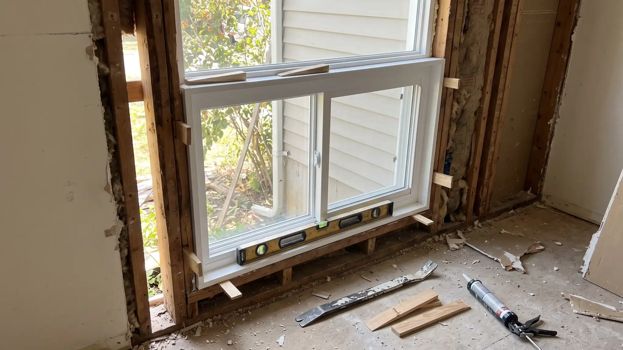Careful installation | Music City Windows A brand-new replacement window unit standing in an open wall opening with shims and a level, a pry bar and a caulk gun nearby
