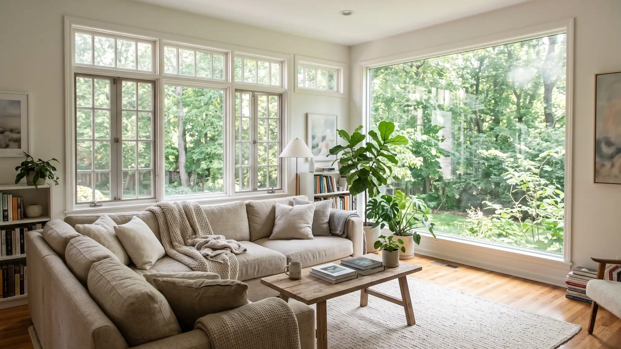 Casements and views | Music City Windows A bright living room with a wall of large casement windows and a picture window looking onto green trees with a cozy sofa