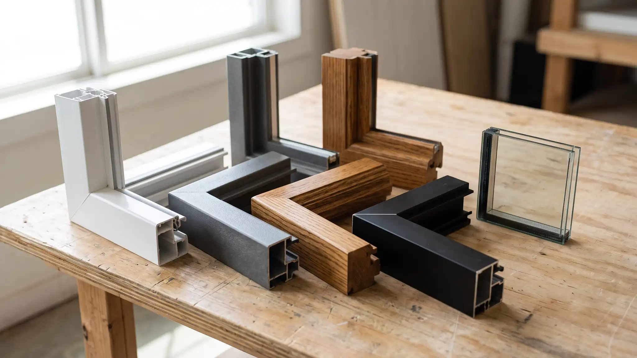 Frames and glass | Music City Windows Window frame corner samples on a table in white vinyl, fiberglass, stained wood and black aluminum with a glass unit cross-section