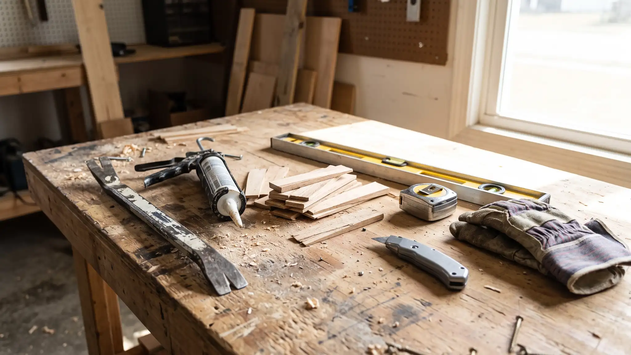 Repair and sealing | Music City Windows Window installation tools on a workbench including a pry bar, a caulk gun, shims, a level, a tape measure, a utility knife and work gloves