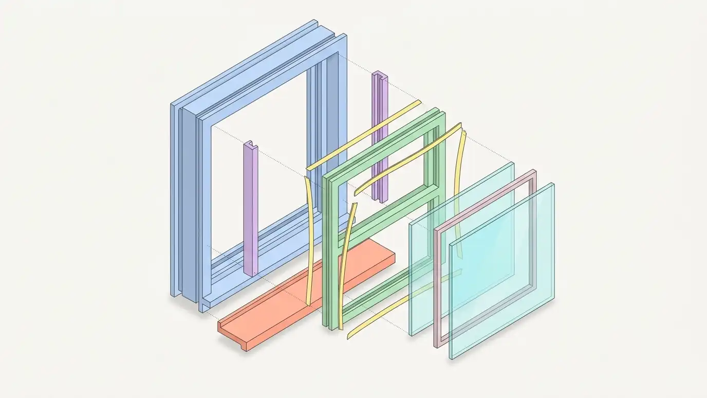 A clean illustrated exploded diagram of a replacement window system showing the frame, sash, double-pane glass unit with spacer, balances, sill and weatherstripping