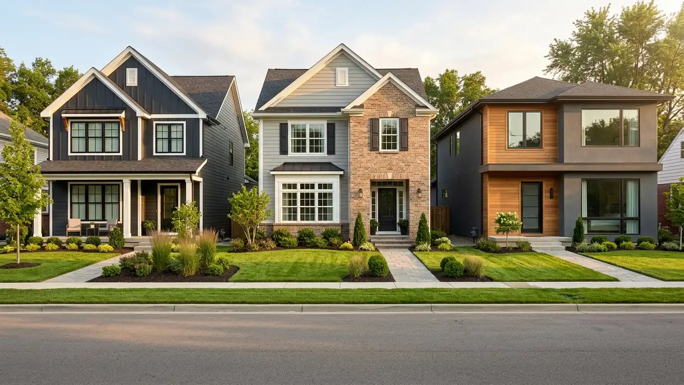 Window gallery | Music City Windows A row of three finished homes each with a different style of new windows, tidy lawns and landscaping in welcoming morning light