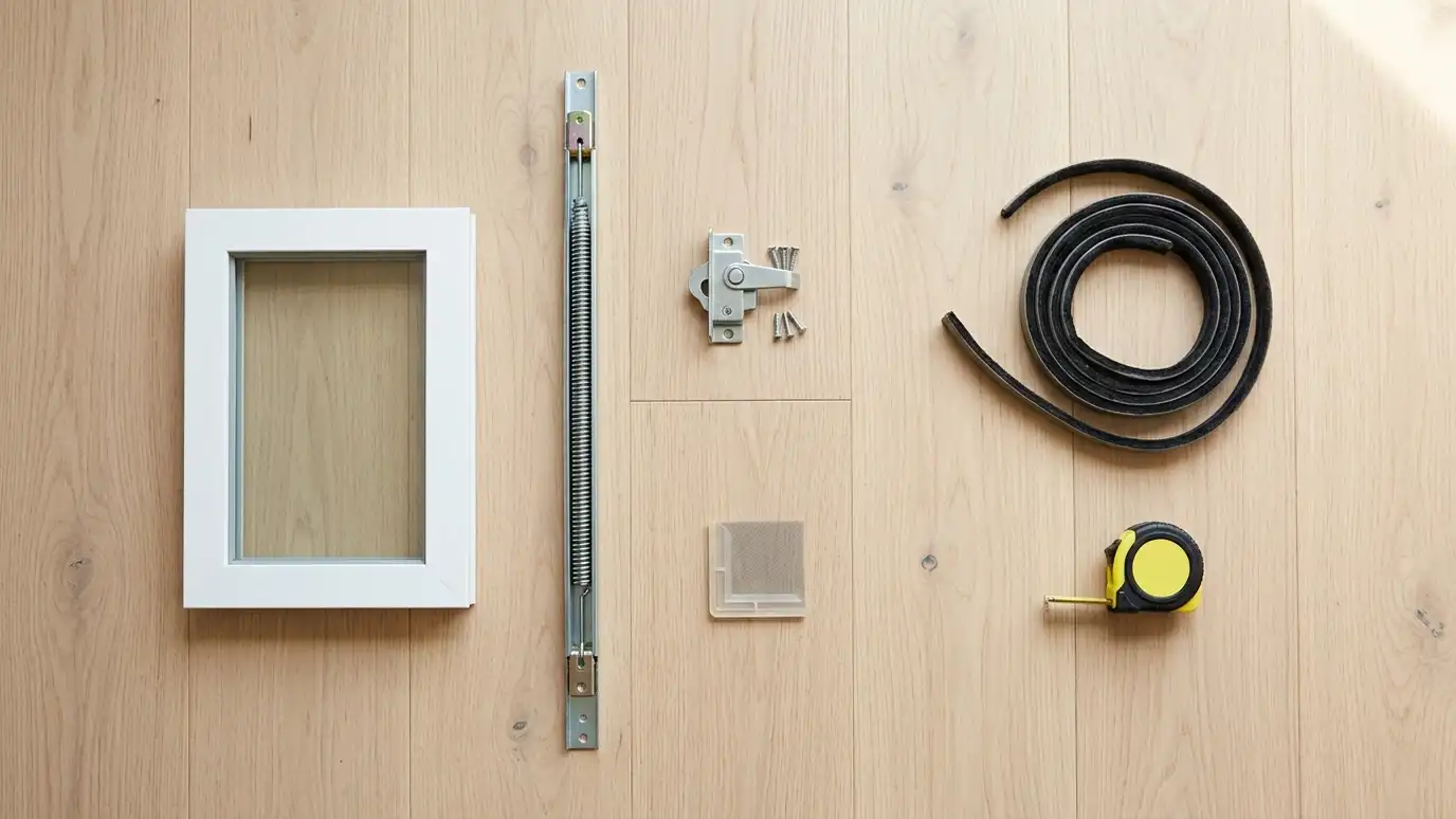 Screens, Storms, Film and Care | Music City Windows A flat lay of window parts on a light floor including a sash, a spring balance, a lock, a screen corner, weatherstripping and a small tape measure