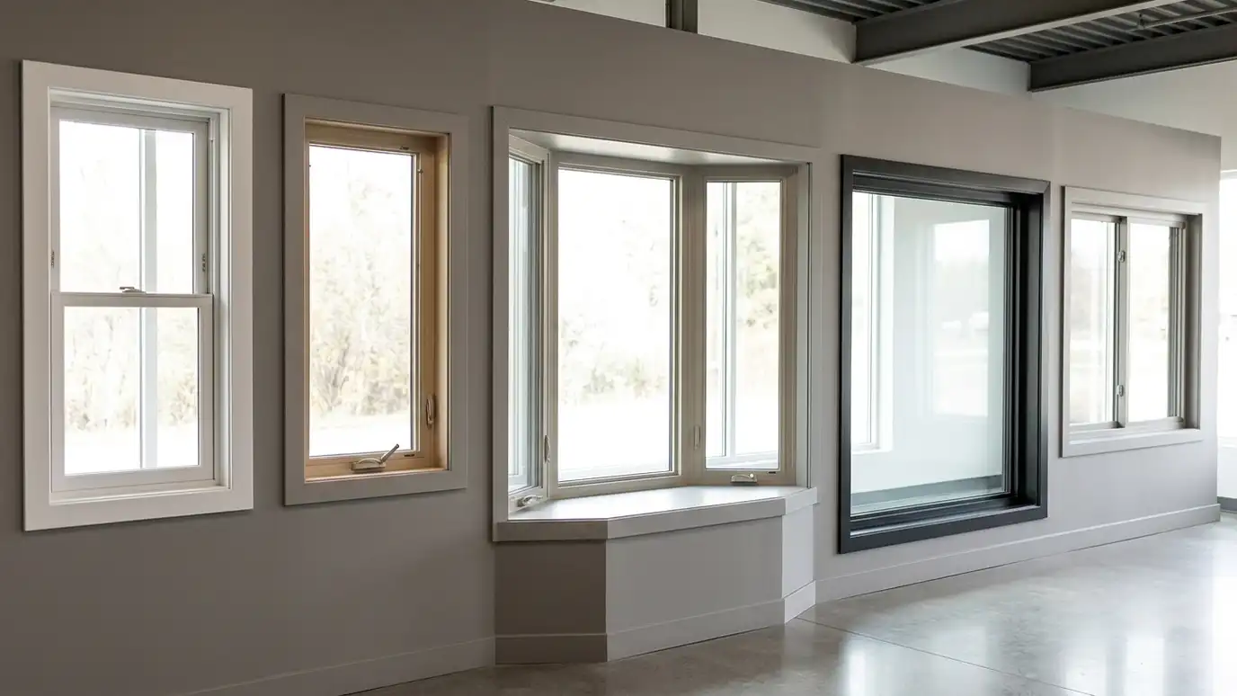 Replacement window resource guides | Music City Windows A showroom wall of window style samples including double-hung, casement, bay, picture and slider