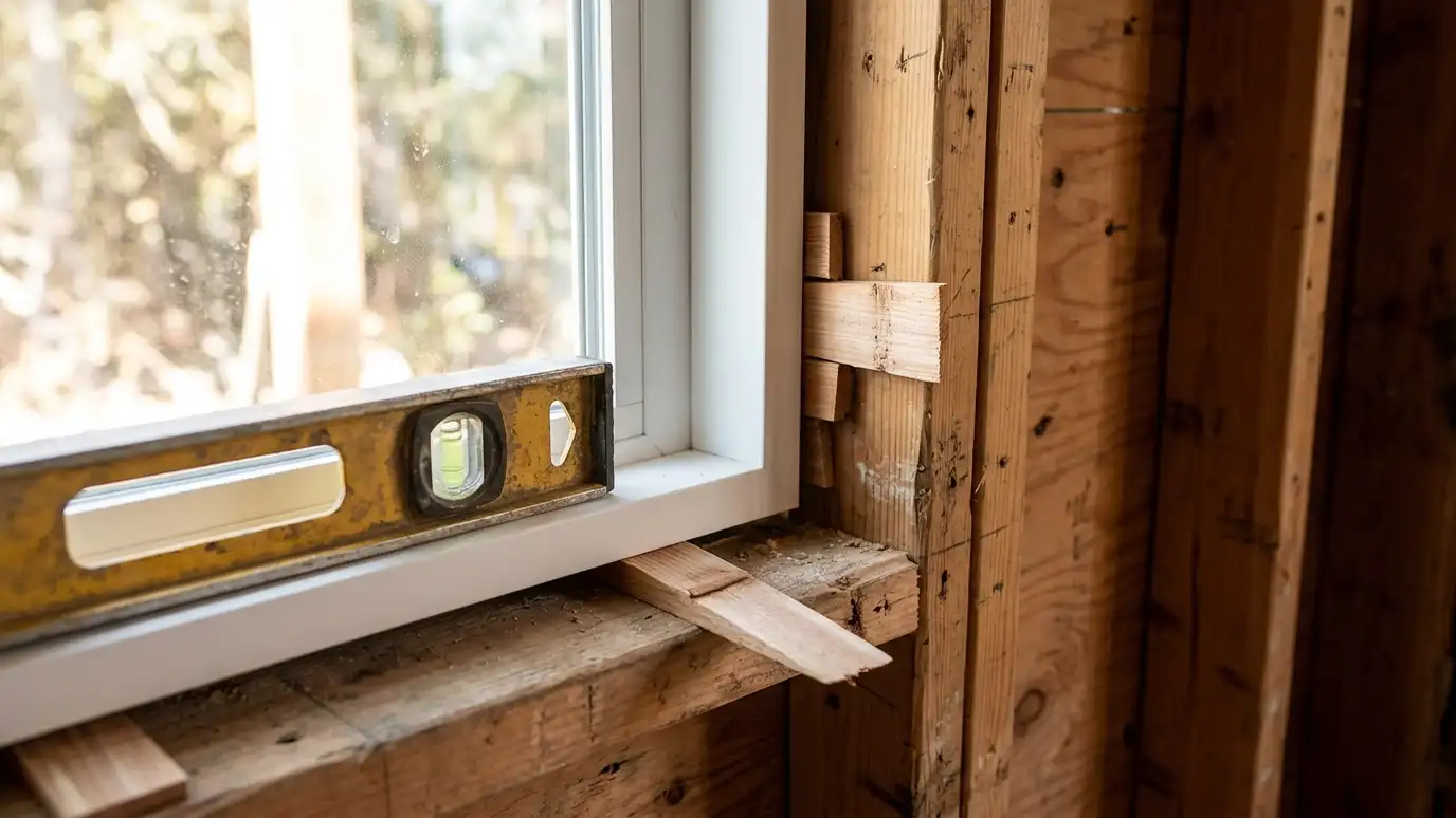 Our window installation process | Music City Windows A new window set into its opening with shims and a level resting on the sill in a close view