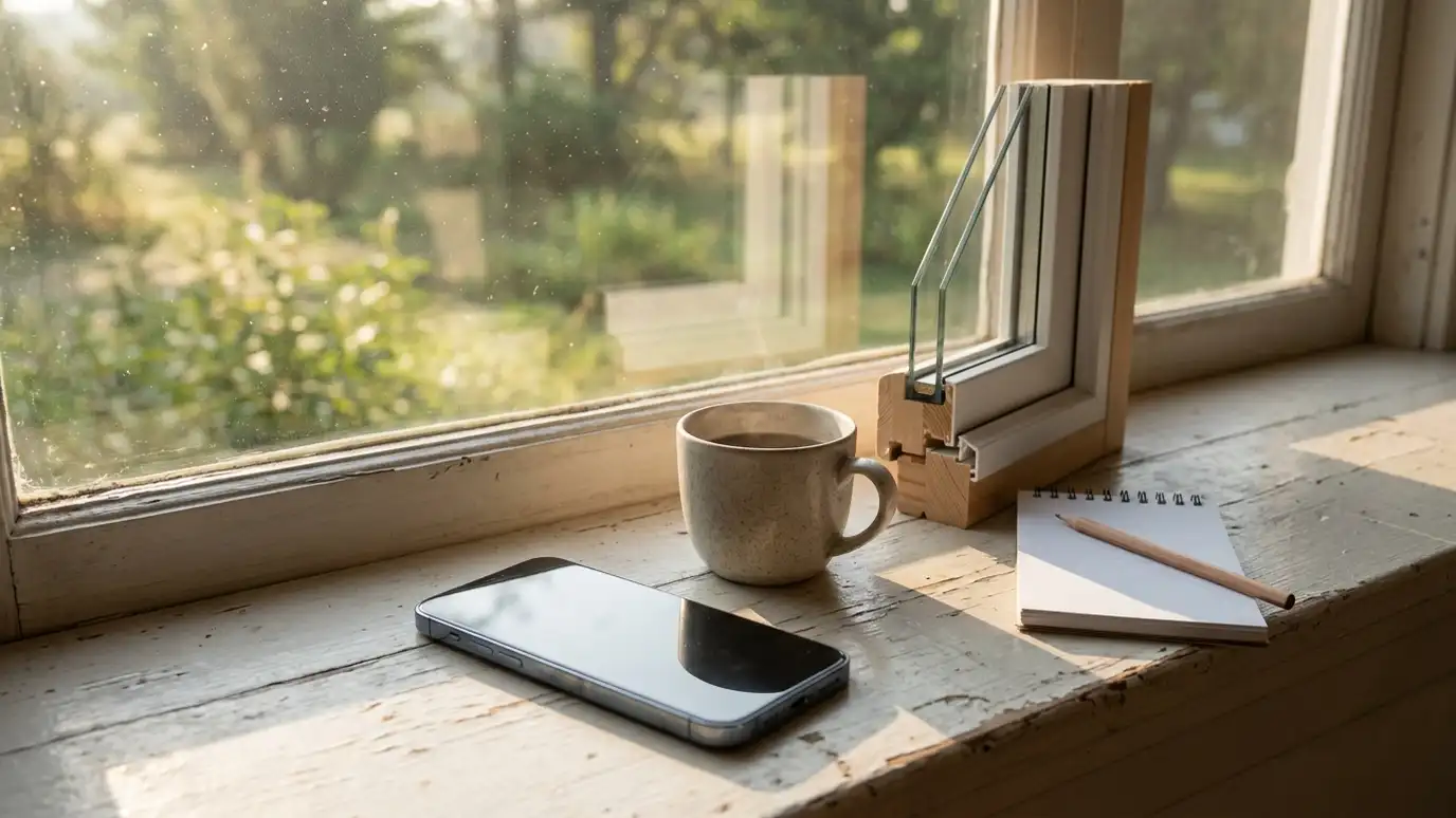 A phone with a blank screen and a coffee cup on a window sill beside a window sample and a notepad
