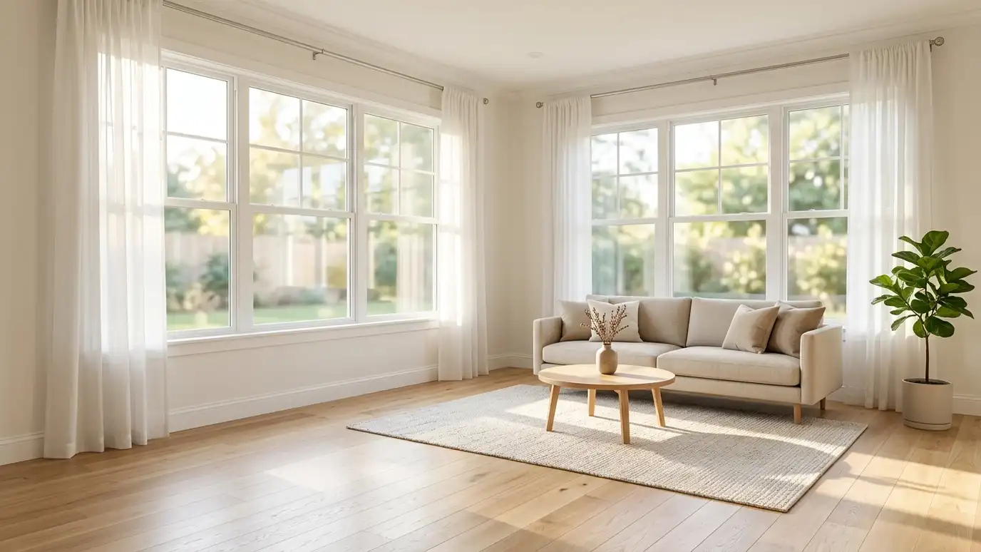 A finished bright room with spotless new windows and sheer curtains in soft morning light