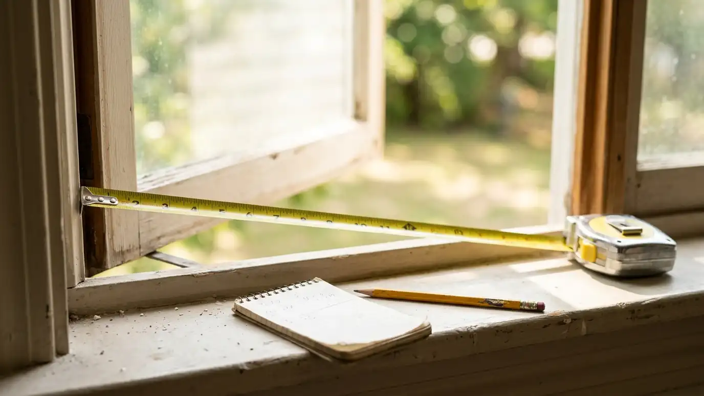 A tape measure stretched across a window opening with a pencil and a notepad on the sill