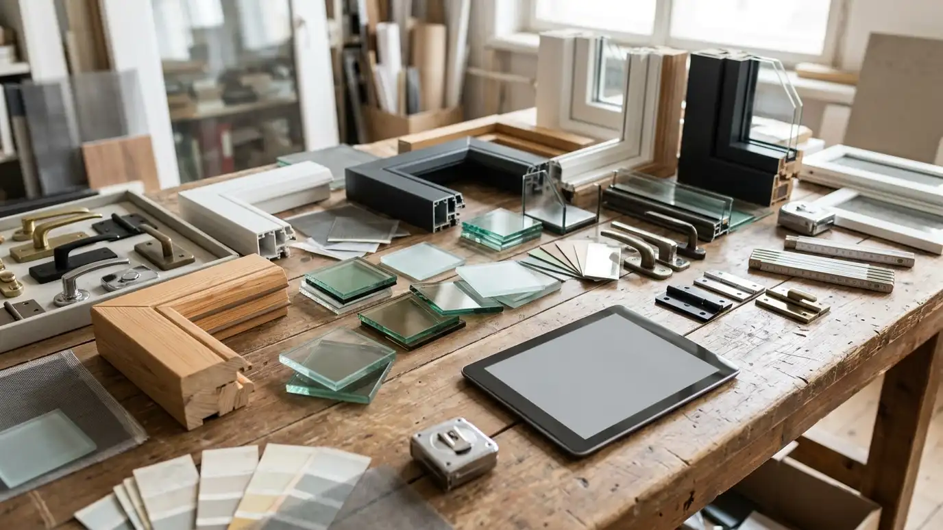 A table covered with window frame samples, glass samples and hardware swatches with a tablet showing a blank screen