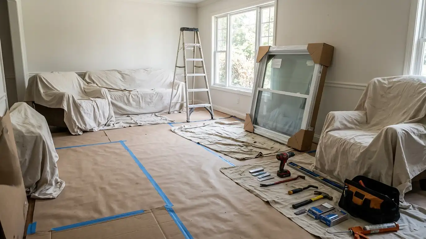 A room prepared for window installation with floor protection laid down, drop cloths over furniture and a new window unit staged near the opening