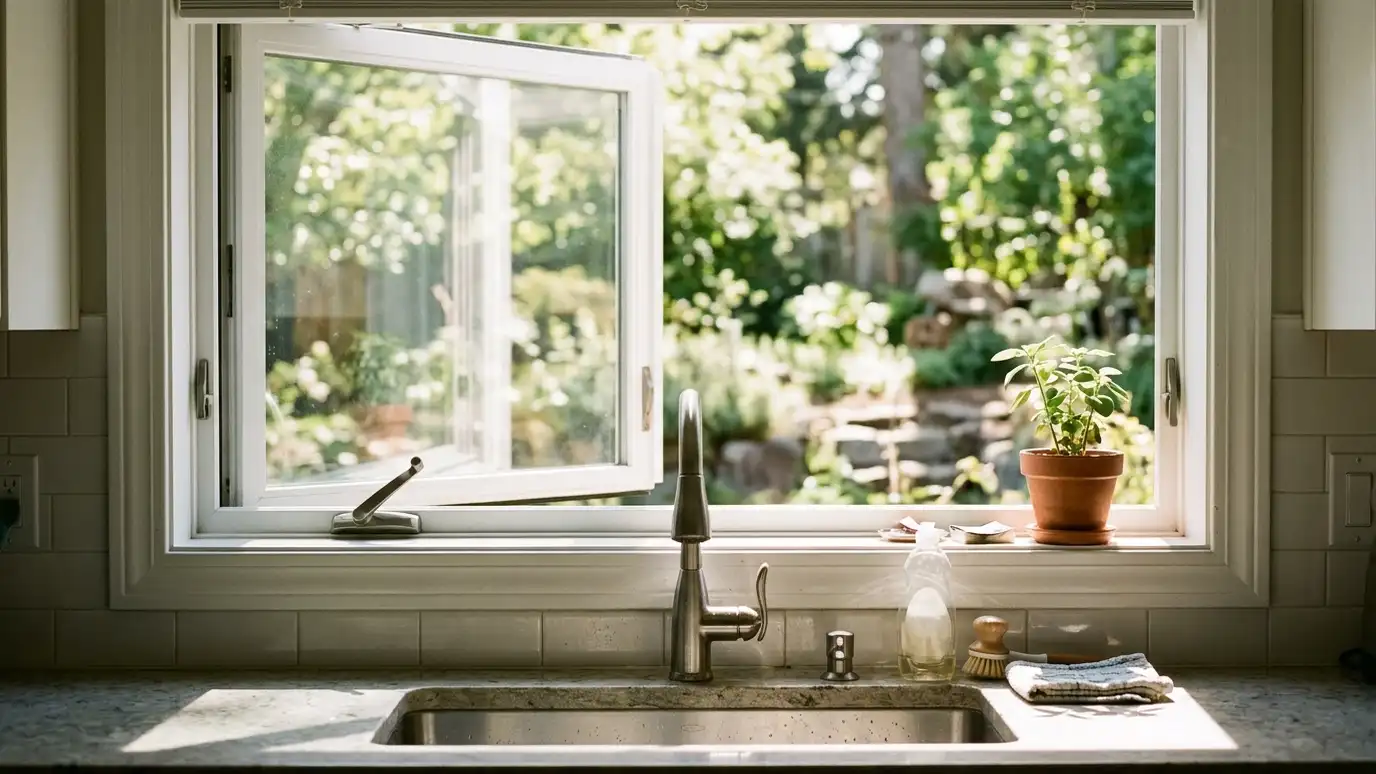 A casement window opened outward with its crank handle visible from inside above a kitchen sink A casement window opened outward with its crank handle visible from inside above a kitchen sink