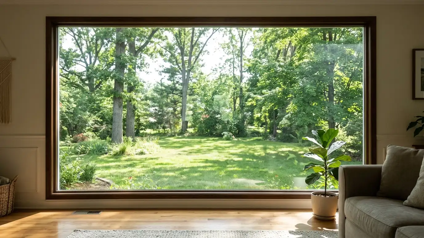 A large fixed picture window in a living room framing a view of a green yard and tall trees A large fixed picture window in a living room framing a view of a green yard and tall trees