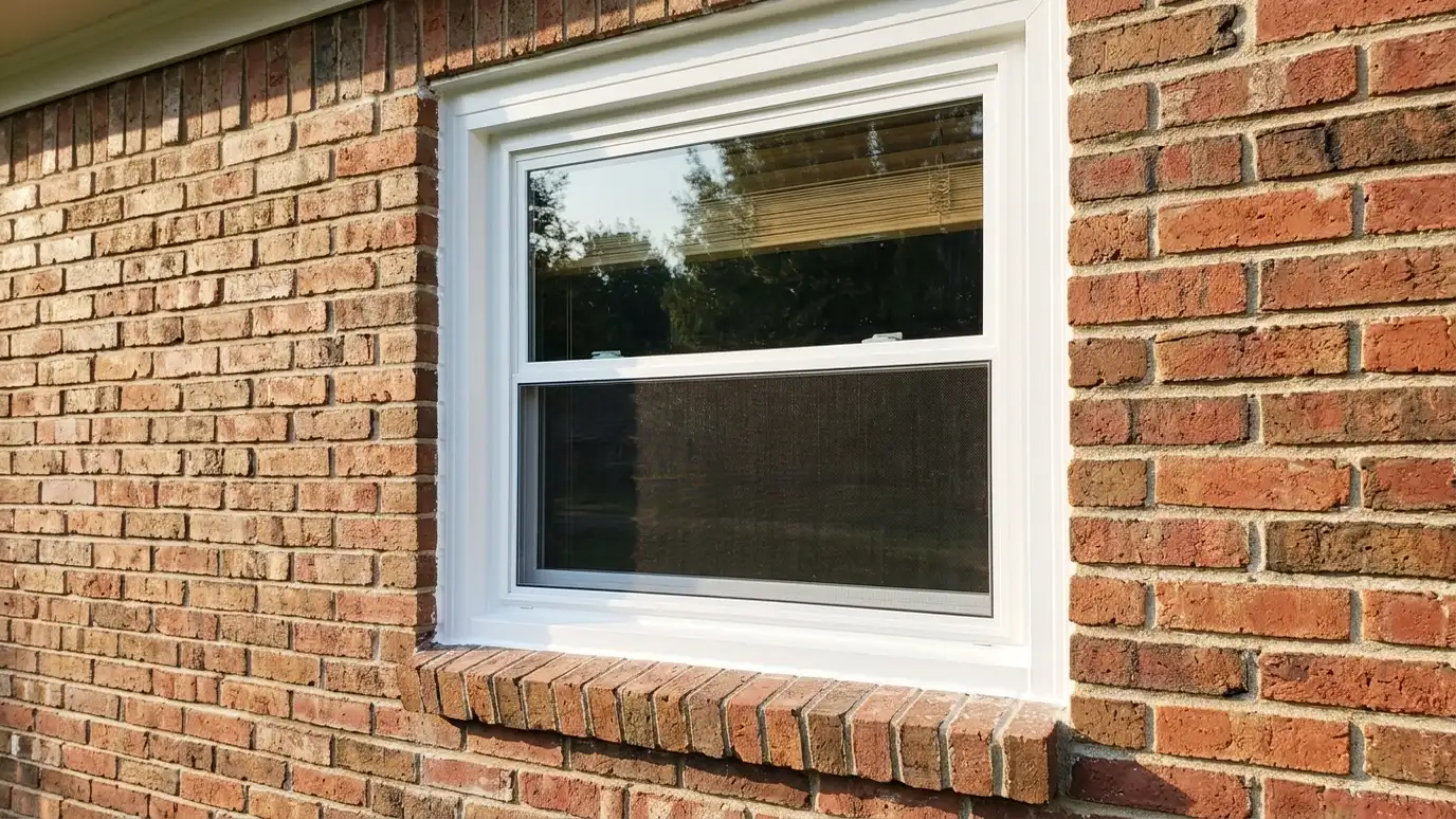 A newly installed white double-hung replacement window on a brick home with crisp trim in bright morning light