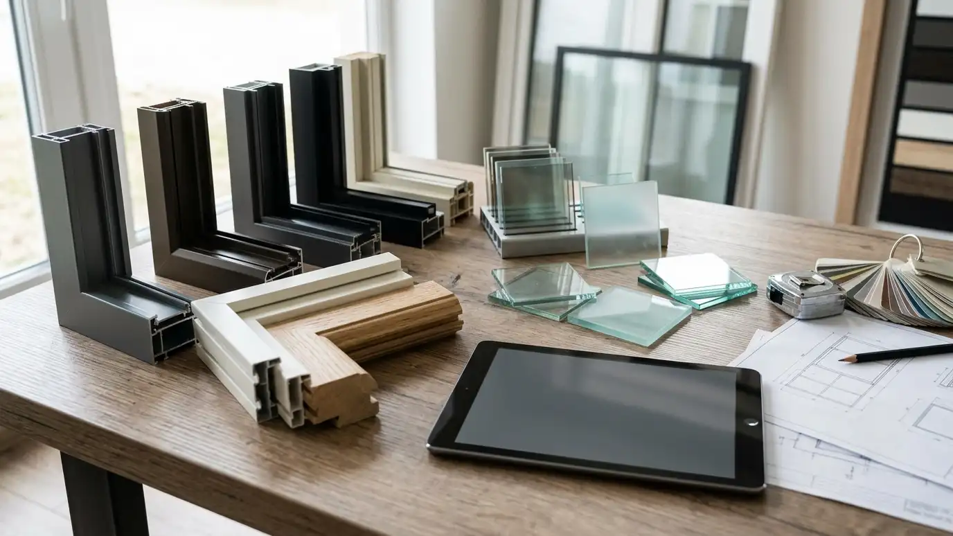A table with window frame color samples, glass samples and a tablet with a blank screen